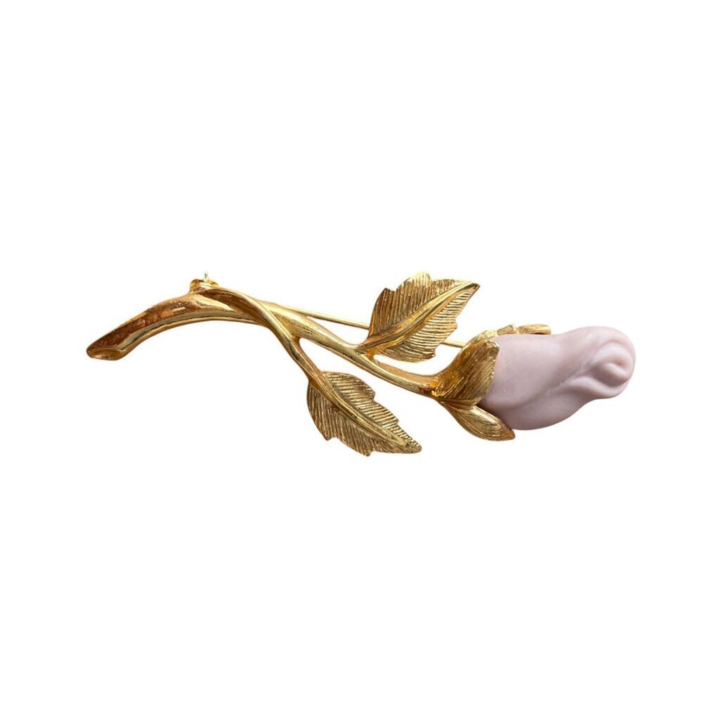 Vintage Avon Gold Tone Pink Porcelain Rose Bud on Stem Signed Pin Brooch - Picture 6 of 6